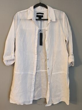 Tahari Linen Button-Down Tunic - White